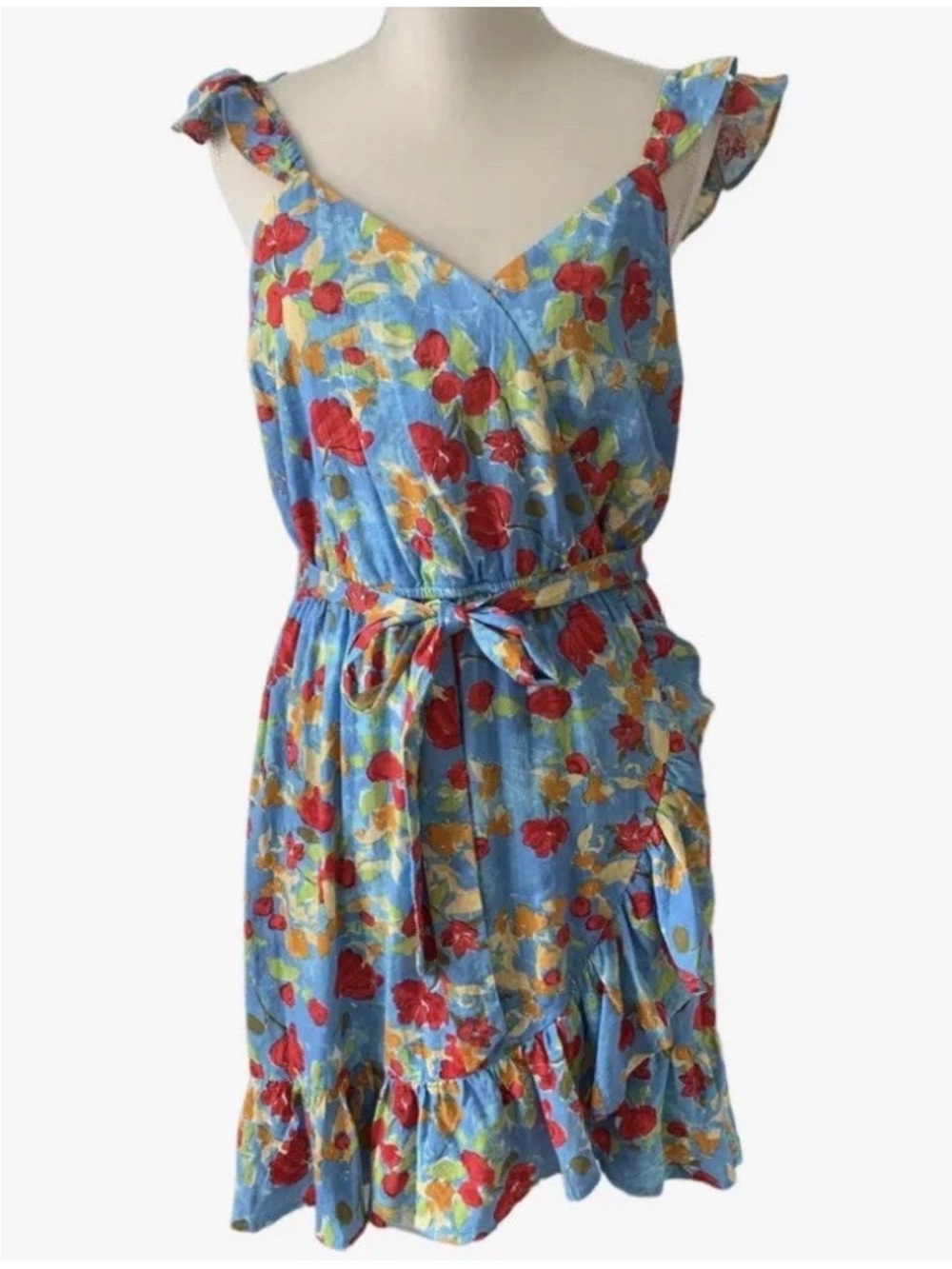 LC Lauren Conrad Floral Print Faux-Wrap Dress Cotton Mix Blue Size XXL - Picture 2 of 5